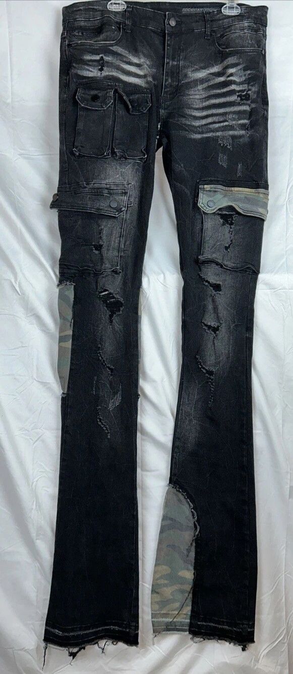 Rockstar Original Jeans Mens 38 Camo RSM 225 Flare Denim Distressed Cargo Grunge